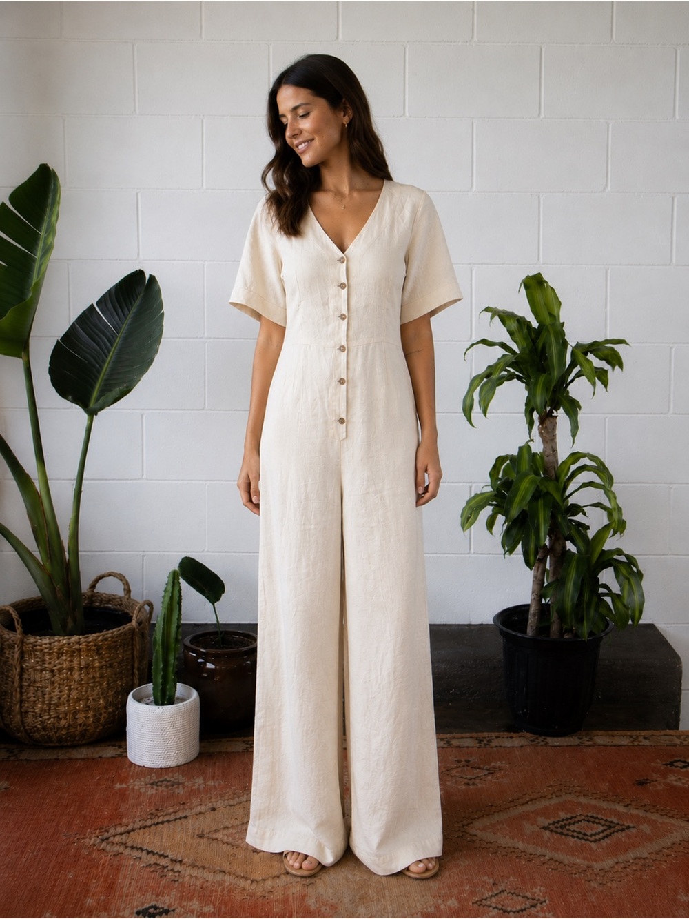 The Lost Tribe Indio 100% Linen Jumpsuit NWT Oatmeal Wide Leg Size M